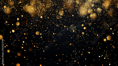 Golden dust and glitter bokeh particles effects against black background. Shimmering gold lights abstract overlay