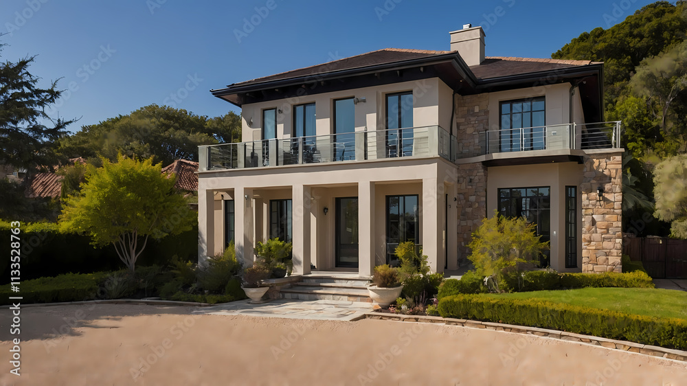 Obraz premium A two-story house with light beige stucco and stone accents. It features a large front porch with columns, multiple windows, a balcony, and landscaping. The house is situated on a manicured lawn.