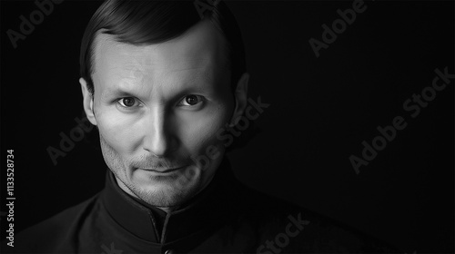 Niccolò Machiavelli black-and-white portrait, historical reconstitution of the Renaissance philosopher.
