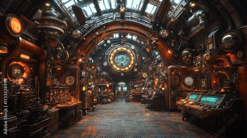 Obraz premium Steampunk corridor; intricate machinery, glowing lights.