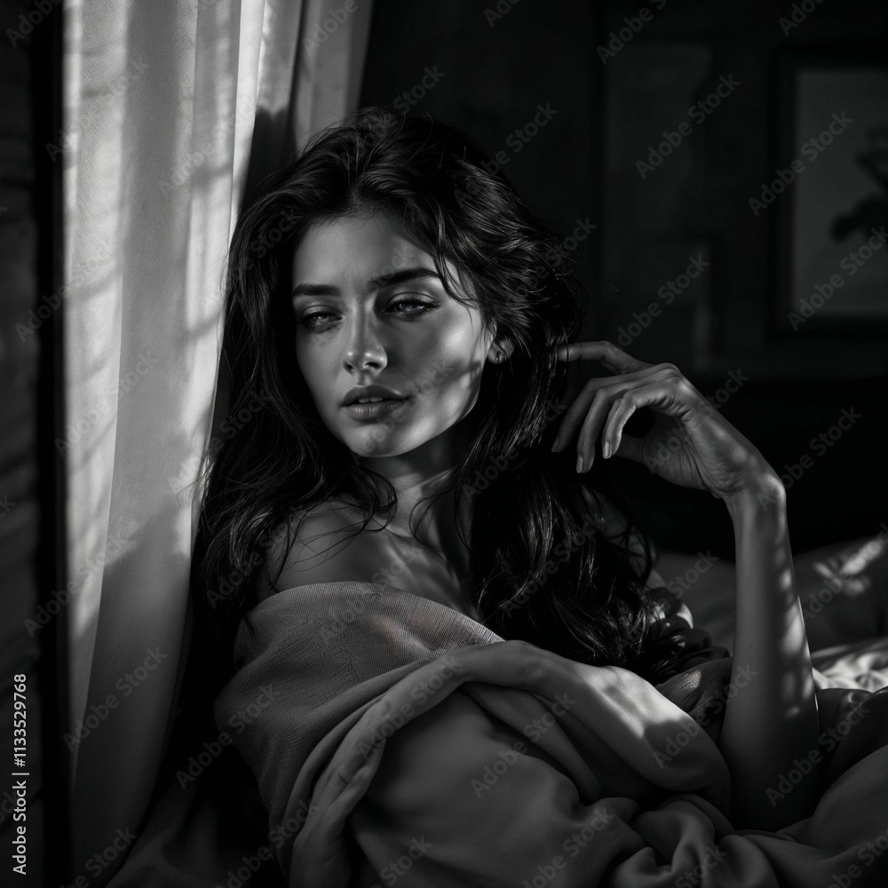 Portrait of a beautiful young woman in bed. Black and white photo. Portrait of a beautiful young woman in bed. Black and white photo.