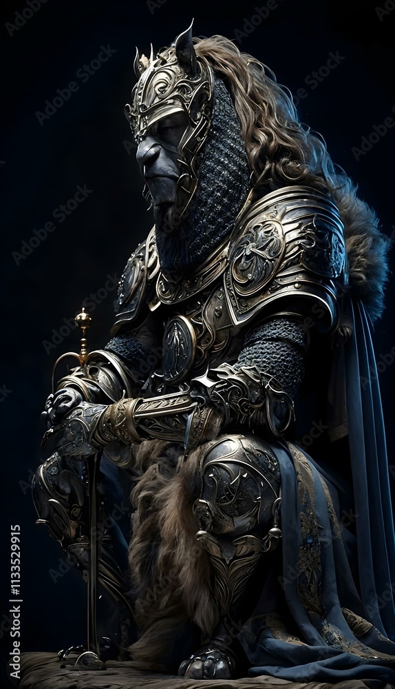Fototapeta premium Portrait of a medieval knight in armor. Studio shot over dark background.