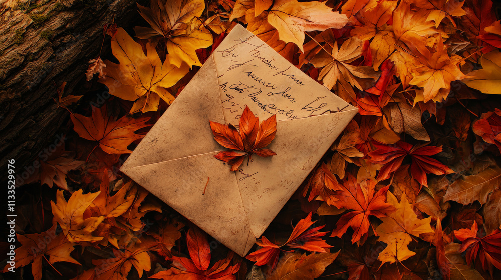 Obraz premium love letter surrounded by vibrant autumn leaves creates warm atmosphere