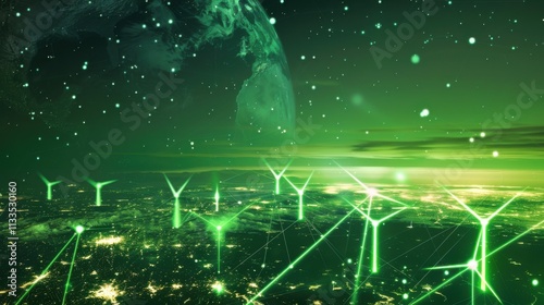 A conceptual artwork of a green supergrid network connecting renewable energy sources across continents, depicted against a backdrop of a glowing Earth at night photo