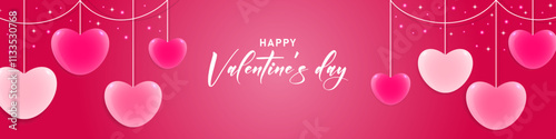 Valentine's Day banner or card with volumetric pink hearts.