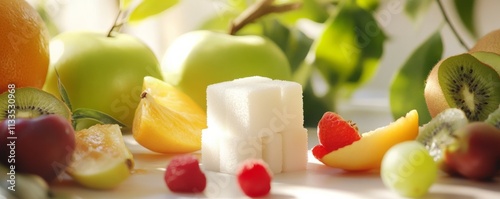 Sucralose health concept. Creative food art featuring sucralose cube surrounded by fresh fruits photo