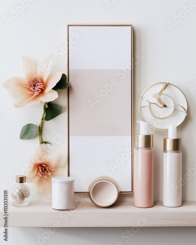 A minimalist and elegant skincare product display featuring pastel tones, pink flowers, and modern decor. Perfect for showcasing beauty, self-care, and wellness concepts