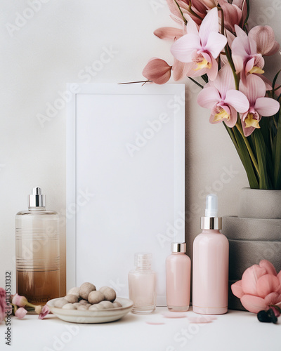 A minimalist and elegant skincare product display featuring pastel tones, pink flowers, and modern decor. Perfect for showcasing beauty, self-care, and wellness concepts