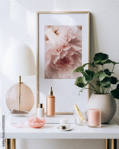 A minimalist and elegant skincare product display featuring pastel tones, pink flowers, and modern decor. Perfect for showcasing beauty, self-care, and wellness concepts