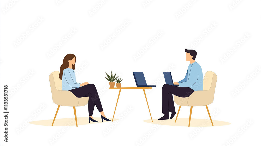 Fototapeta premium Business people negotiate salary in private office. Manager, employee sit opposite. Laptops on table. Office setting calm. Business discussion ongoing. Workplace environment.