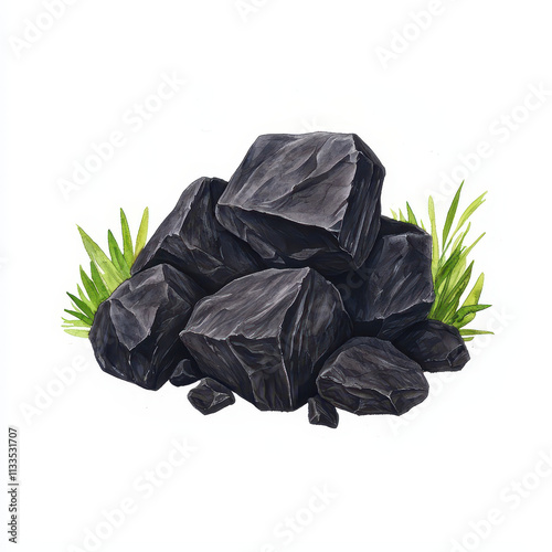 Black rocks with green foliage, perfect for nature themed designs photo