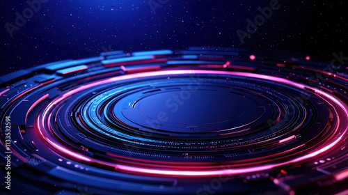 Futuristic circular design with vibrant neon colors and glowing patterns