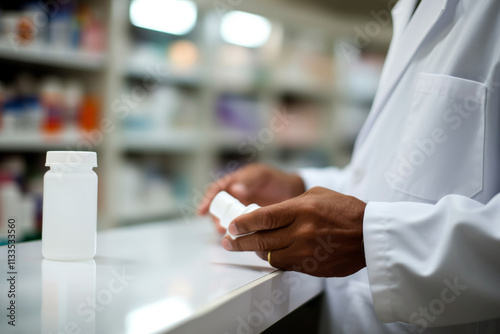 Pharmacist handling pills and medications in a pharmacy, showing the medicine industry. photo