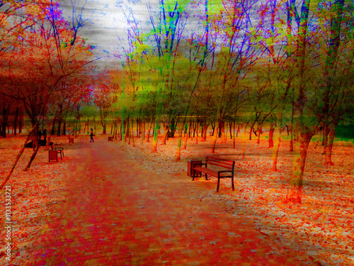 Autumn expression. Landscape in an autumn park in the city. Movement and energy. Bright colors