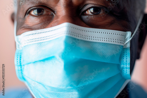 Protective medical mask worn by an individual to shield against contagious illnesses. photo