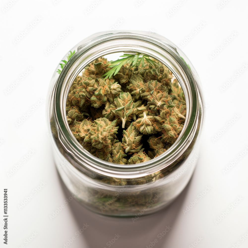 High-quality cannabis flower stored in a container, intended for medical consumption. High-quality cannabis flower stored in a container, intended for medical consumption.