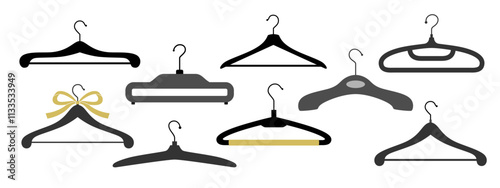 Set of wooden, metal, plastic hangers for clothes. Hooks hangers of various shapes for logo of store of branded women's, men's, children's clothing in monochrome black and gray.