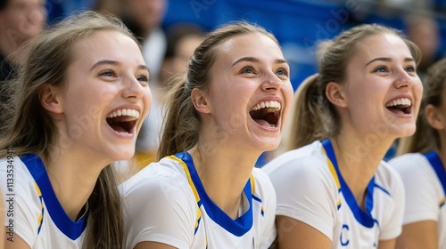 Cheerful volleyball team, joyful mood, athletes celebrating during match, vibrant sports atmosphere
