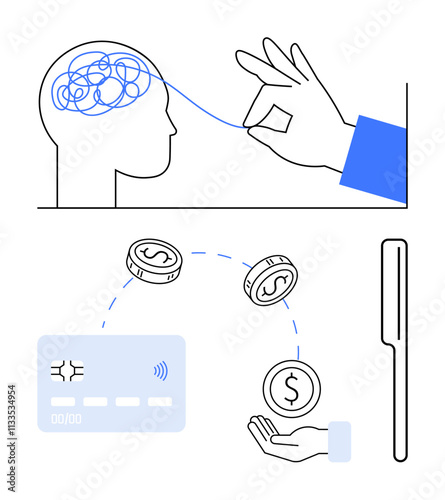 Hand untangling thread from brain symbolizes mental clarity, coins and credit card represent financial transactions. Ideal for mental health, financial planning, problem-solving, productivity