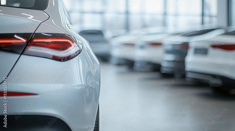 Fototapeta premium Modern car dealership showroom. Parked cars in a row. Clean and bright showroom. New vehicles. Opportunities for leasing and auto insurance. Customers can browse vehicles for purchase.