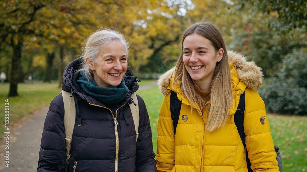 Happy women enjoying autumn walk, cheerful mood, smiling in nature, colorful foliage background Happy women enjoying autumn walk, cheerful mood, smiling in nature, colorful foliage background