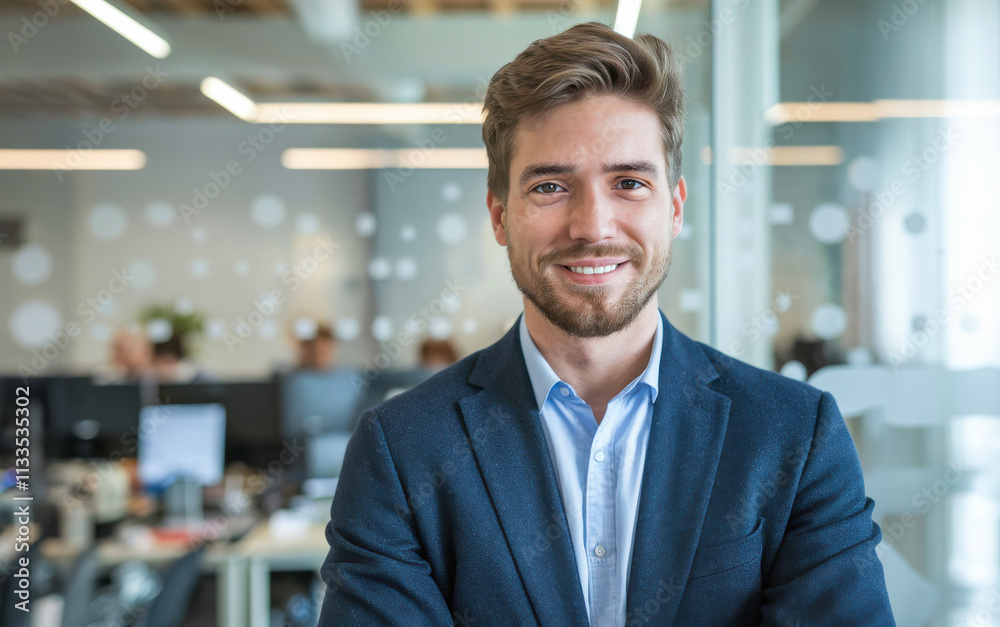Fototapeta premium Professional corporate portrait of a confident businessman in a blue suit standing in a modern office with bright lighting and blurred background featuring coworkers and desks. Copy space available