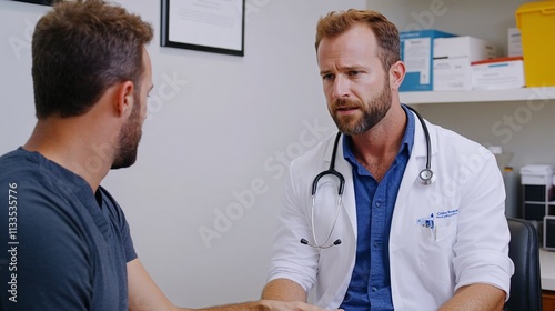 doctor consulting a male patient with a serious expression in a medical office