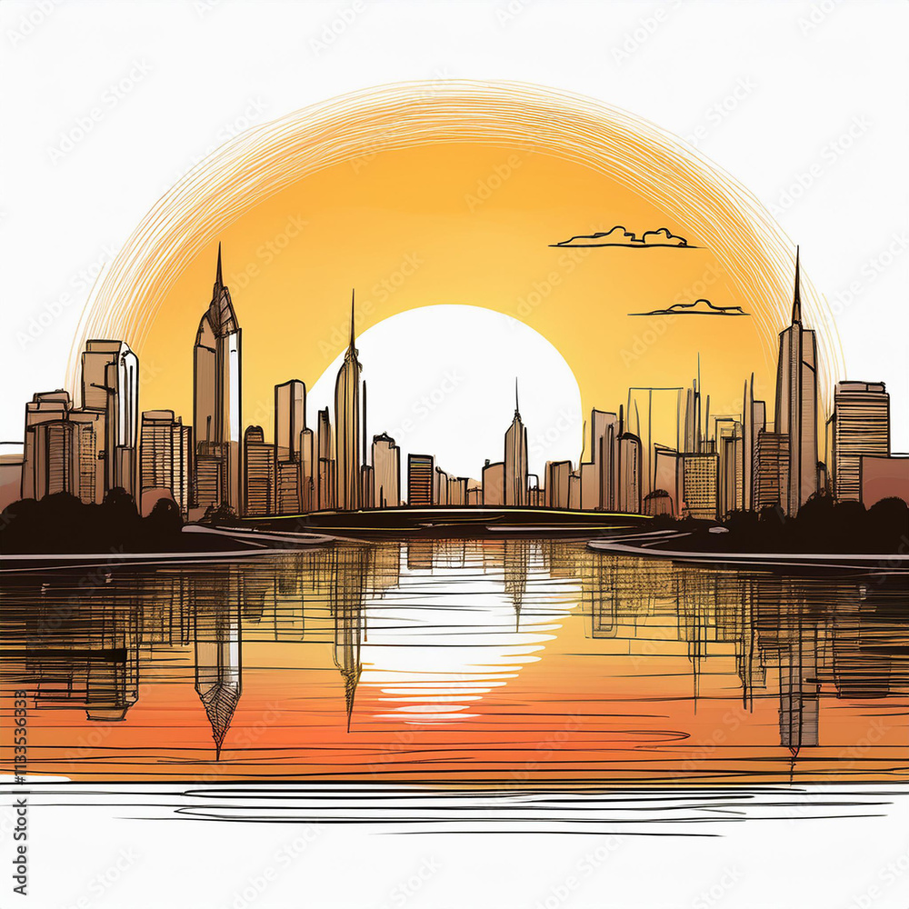 Obraz premium Urban city skyline reflected in a calm river with sunset hues of pink and orange in a minimalist design.
