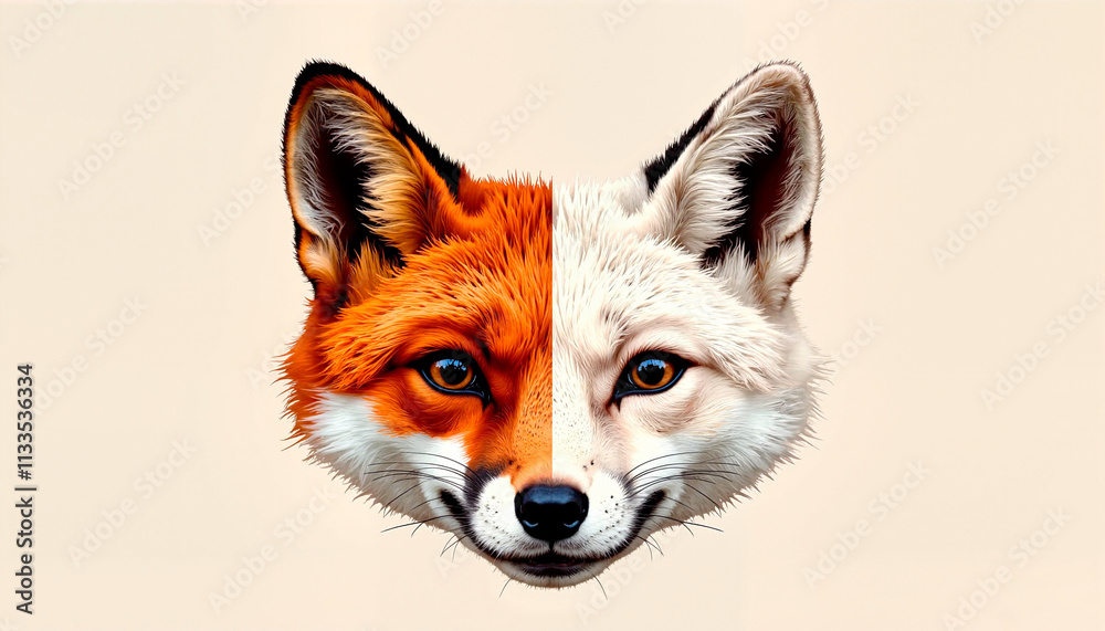 Fototapeta premium Dotwork Tattoo Dual Fox Faces in Orange and White