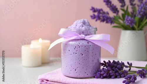 Lavender body scrub, soothing gift for Mom, calming atmosphere, spa treatment
 photo