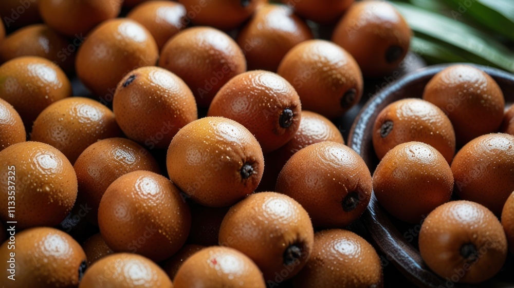 Fresh, golden-brown, small, wet fruits densely clustered on a wooden surface. Fresh, golden-brown, small, wet fruits densely clustered on a wooden surface.