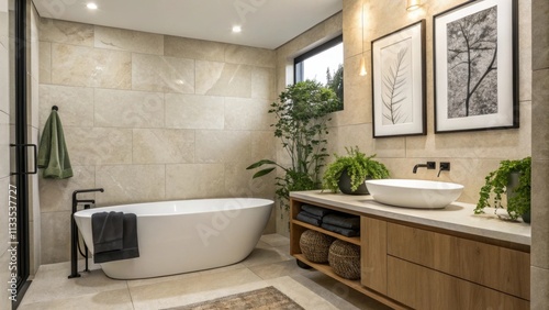 A serene bathroom with neutral stone tiles and a freestanding tub accentuated by a striking blackframed artwork and fresh green plants on the vanity counter. photo