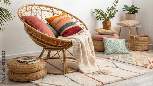 A charming bohoinspired nook showcases a comfortable rattan chair topped with an assortment of colorful cushions complemented by plush layered rugs that create a homey vibe. photo