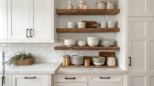 In this kitchen reclaimed wood shelves serve as a focal point filled with artisanal ceramics while the surrounding white cabinetry provides a clean and modern contrast to