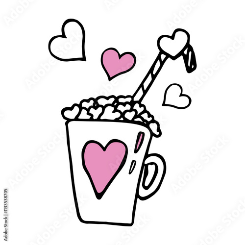 Heart mug with hot drink and marshmallows in the form of small hearts in doodle style