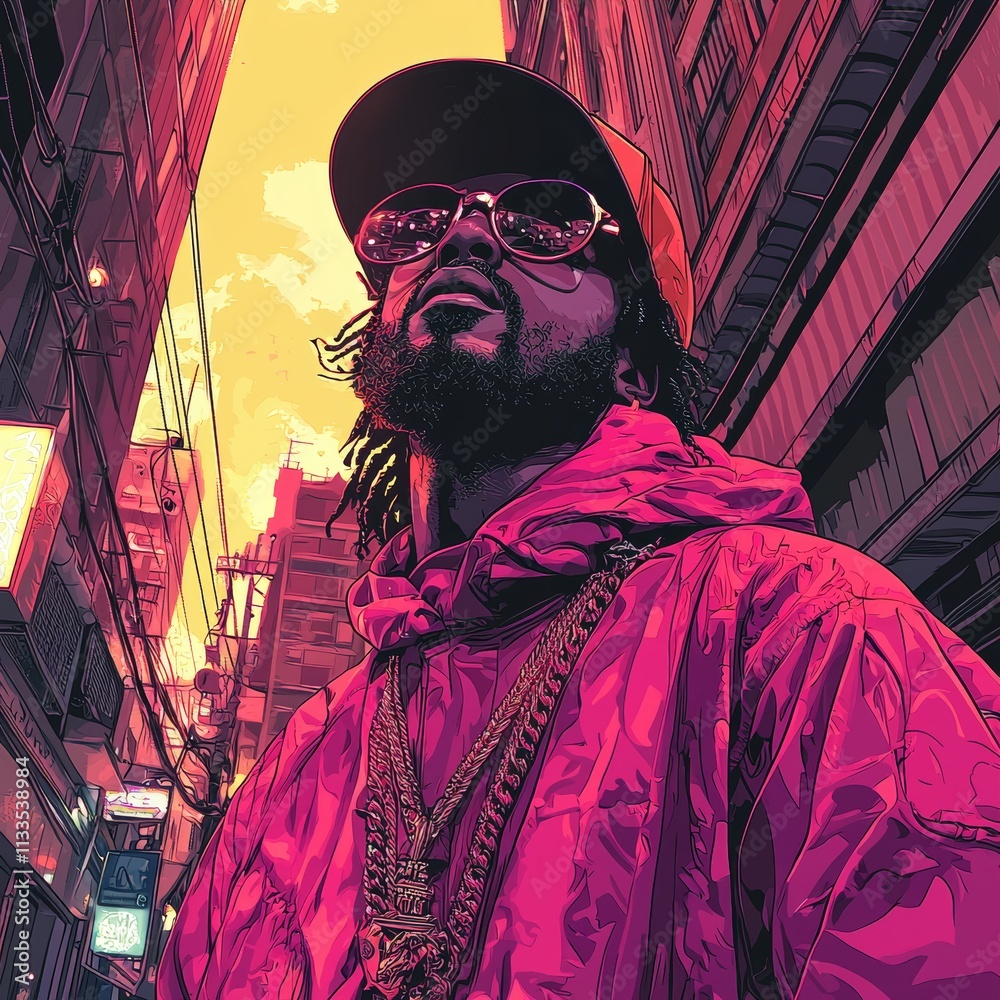 Obraz premium Vibrant urban portrait of a fashionable artist in a city alleyway