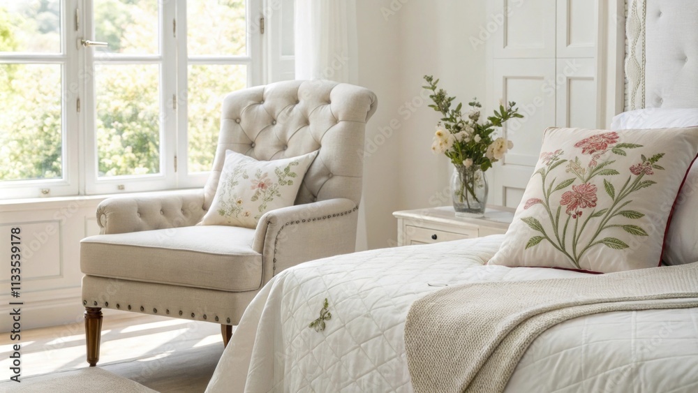 Fototapeta premium A bright and inviting bedroom highlights a minimalist tufted chair a subtle pillow with a floral design on its seat and a perfectly pressed linen blanket laid out across the