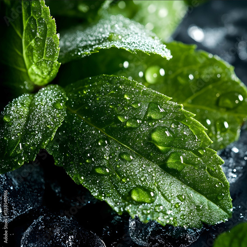 A closeup of the water droplets on mint leaves capturing their intricate details and textures in an icy environment The light reflects off each drop creating a mesme photo