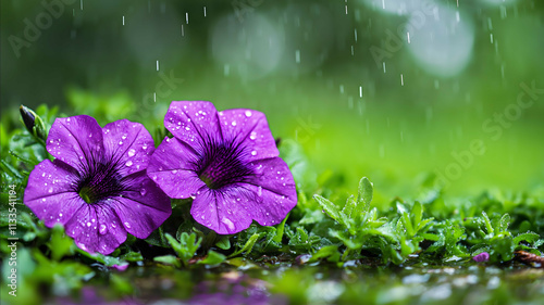 Two purple petunias in the grass with a green background a real photo in a highdefinition photography style a closeup of the flowers a forest scene with a wet and w photo