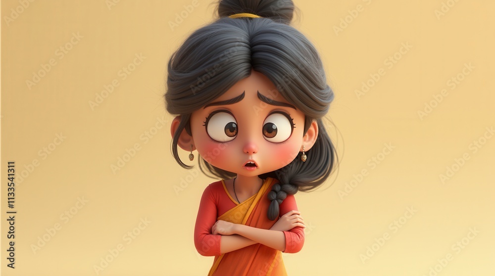 Thinking Upset Sad Bored Indian Cartoon Character Young Adult Woman Girl Person Portrait In 3D Style Design On Light Background. Human People Feelings Expression Concept Thinking Upset Sad Bored Indian Cartoon Character Young Adult Woman Girl Person Portrait In 3D Style Design On Light Background. Human People Feelings Expression Concept