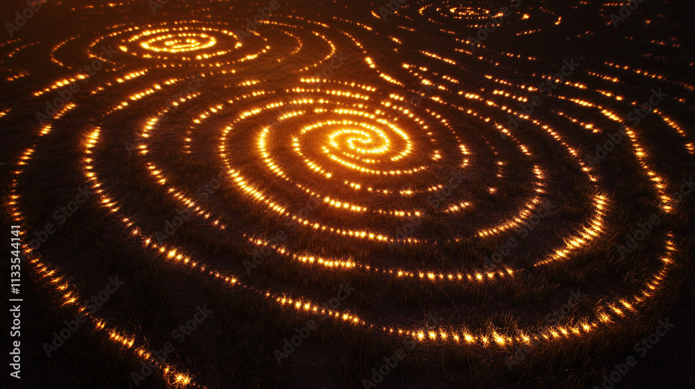 A highly detailed crop circle with interlaced spirals and straight lines, illuminated by a drone's light A highly detailed crop circle with interlaced spirals and straight lines, illuminated by a drone's light