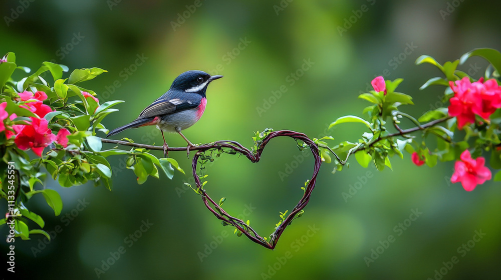Obraz premium bird singing sweetly perched on heart shaped branch surrounded by flowers
