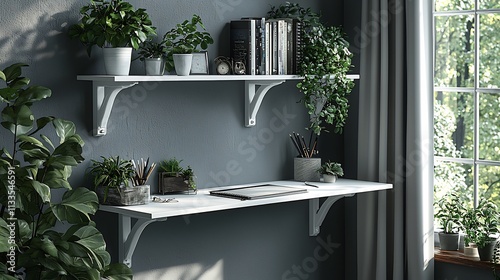 White wallmounted study table in a small room with builtin shelves above The minimalist design is paired with an ergonomic chair and simple accessories for a tidy compact workspace photo