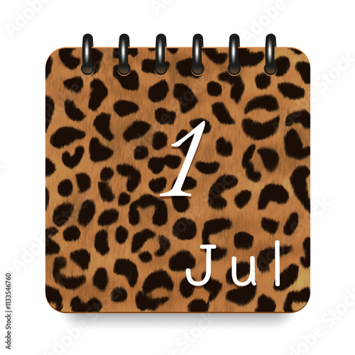 1 July. Leopard print calendar daily icon. White letters. Date day week Sunday, Monday, Tuesday, Wednesday, Thursday, Friday, Saturday.