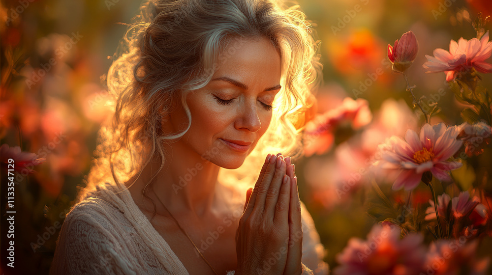 Fototapeta premium Woman with closed eyes and hands in prayer among pink flowers, bathed in warm sunlight. Concept of peace and serenity. For meditation content