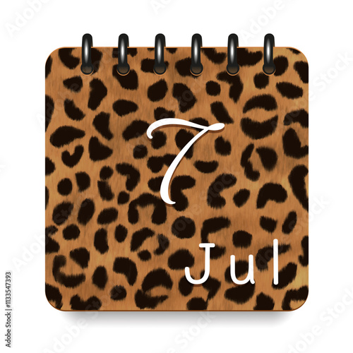7 July. Leopard print calendar daily icon. White letters. Date day week Sunday, Monday, Tuesday, Wednesday, Thursday, Friday, Saturday.