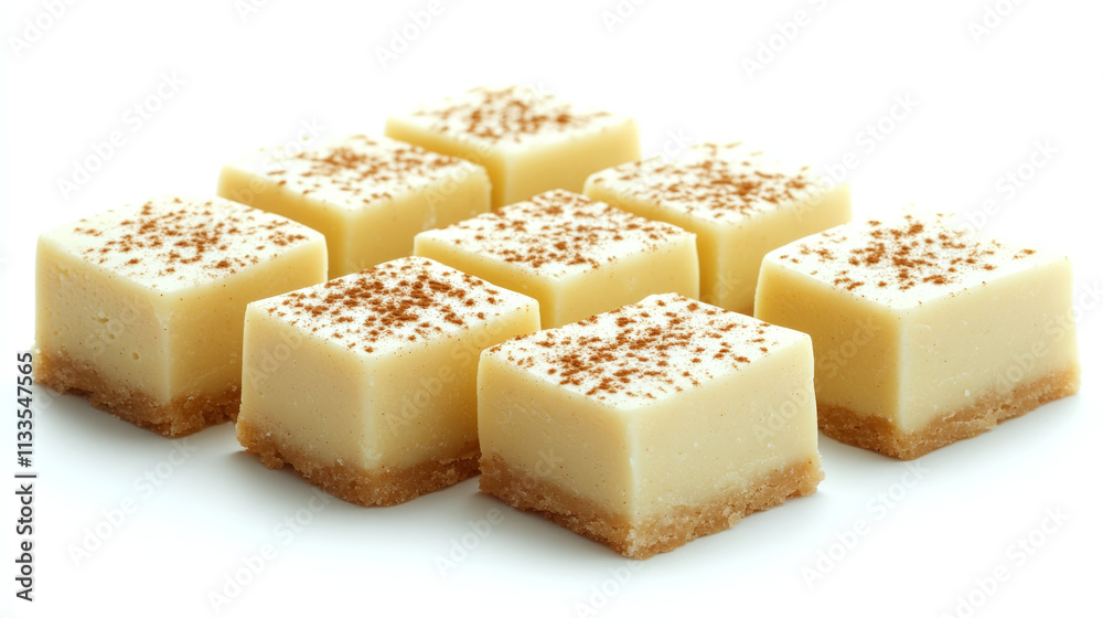 Nine square pieces of creamy dessert topped with cinnamon on a white background. Concept of sweet indulgence. For dessert menu photos. Nine square pieces of creamy dessert topped with cinnamon on a white background. Concept of sweet indulgence. For dessert menu photos.