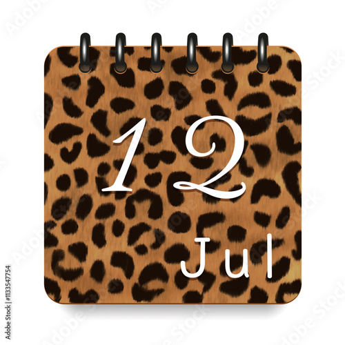12 July. Leopard print calendar daily icon. White letters. Date day week Sunday, Monday, Tuesday, Wednesday, Thursday, Friday, Saturday.
