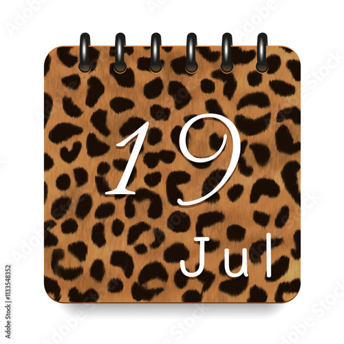 19 July. Leopard print calendar daily icon. White letters. Date day week Sunday, Monday, Tuesday, Wednesday, Thursday, Friday, Saturday.
