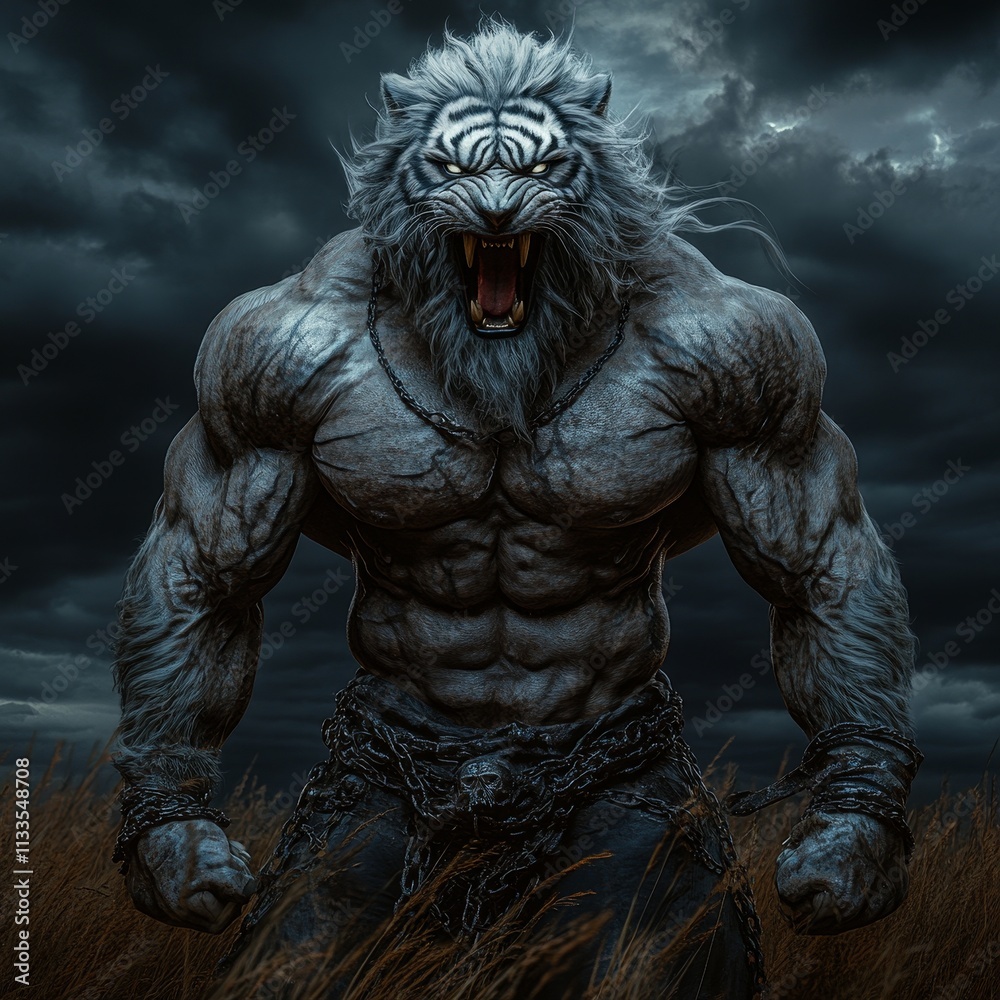 Muscular Anthropomorphic Tiger with Intense Stare
